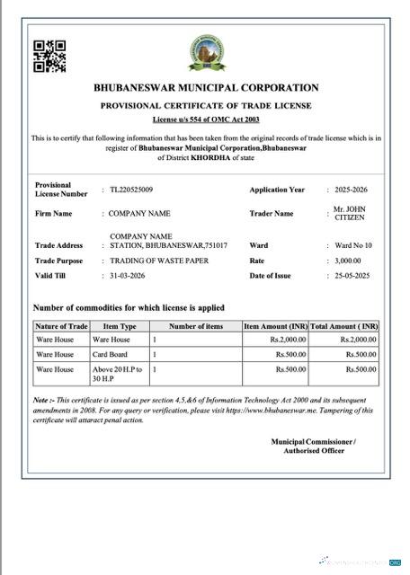 India Bhubaneswar provisional certificate of trade license Word and PDF template